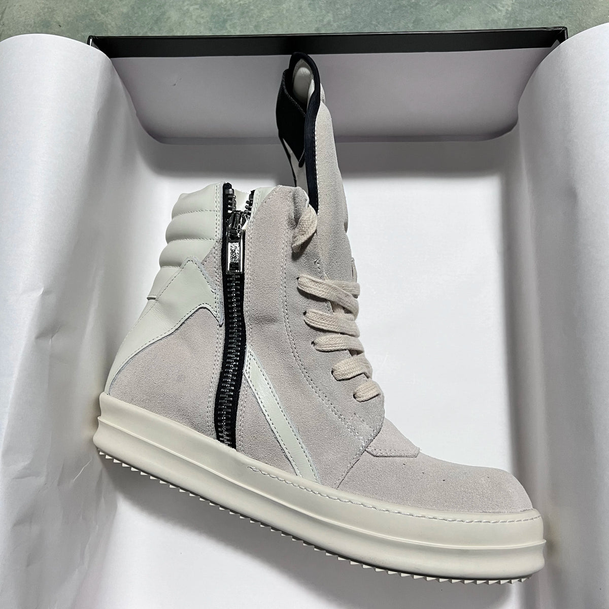 PENDRA Ash Geobasket Grey Cow-Suede High-Top Zip Thick-Sole Ankle Boots