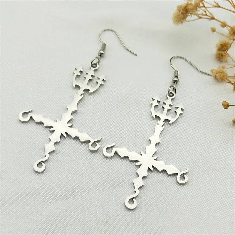 Heavy Metal 666 Music Band Drop Earrings Stainless Steel Black Color Sigil Church of Satan Fork Cross Dangle Earring Jewelry