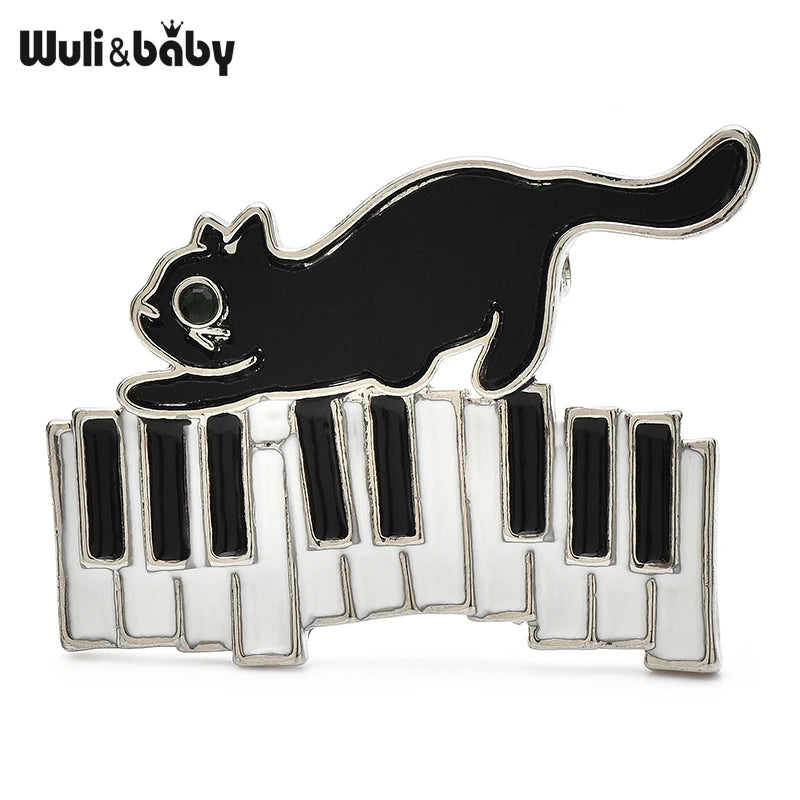 Wuli&baby Enamel Naughty Cat Brooch Pins 2-color Cat Running On Piano For Women Kid's Clothes Backpack Brooches Gifts