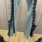 Lace Up Flare Jeans Retro Stitch Lace Whiskers Slim Low Rise Split Bootcut Pants Women Bell Bottoms Streetwear