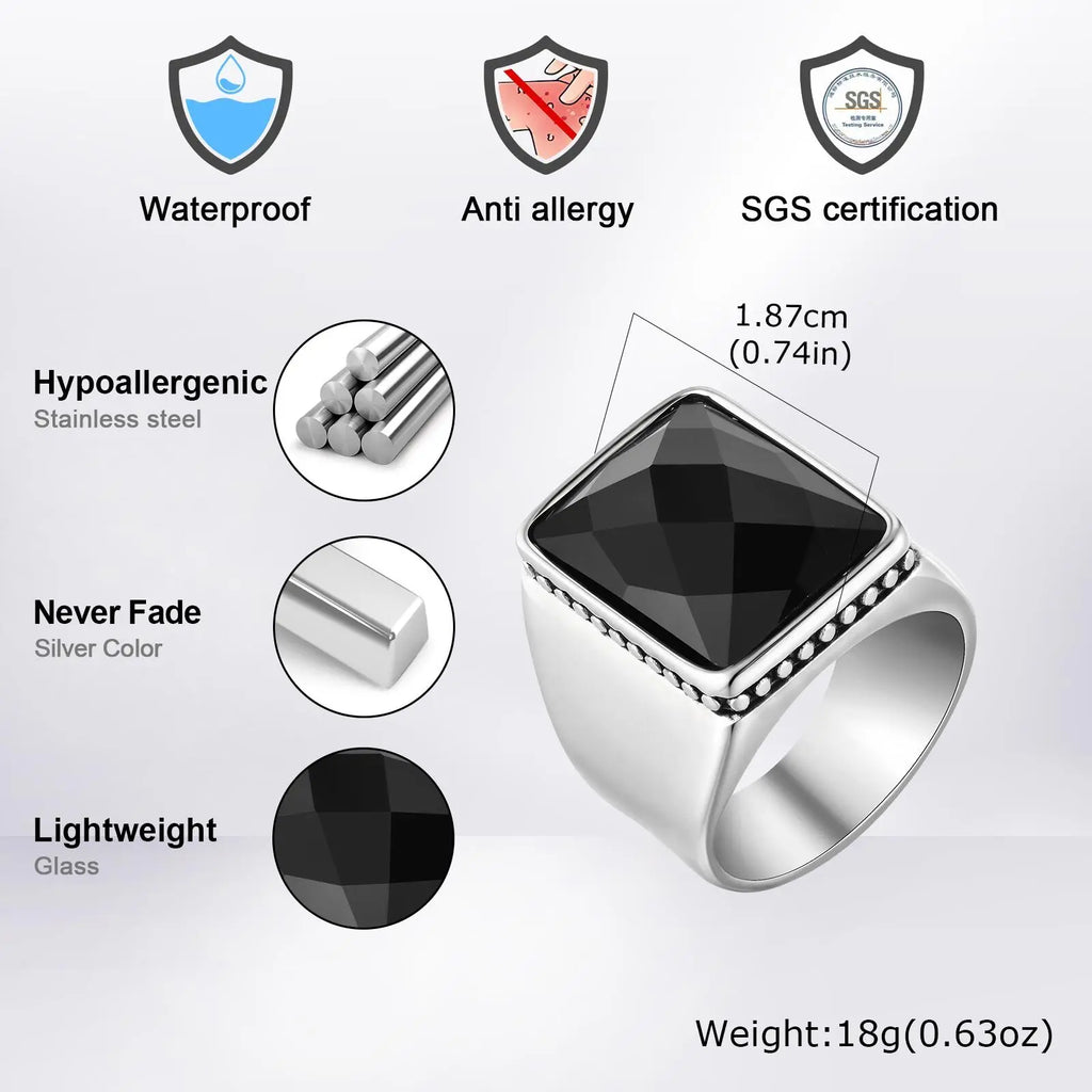 Black Square Ring for Men Boys,Waterproof Stainless Steel Signet Ring,Punk Ethnic Jewelry Gift