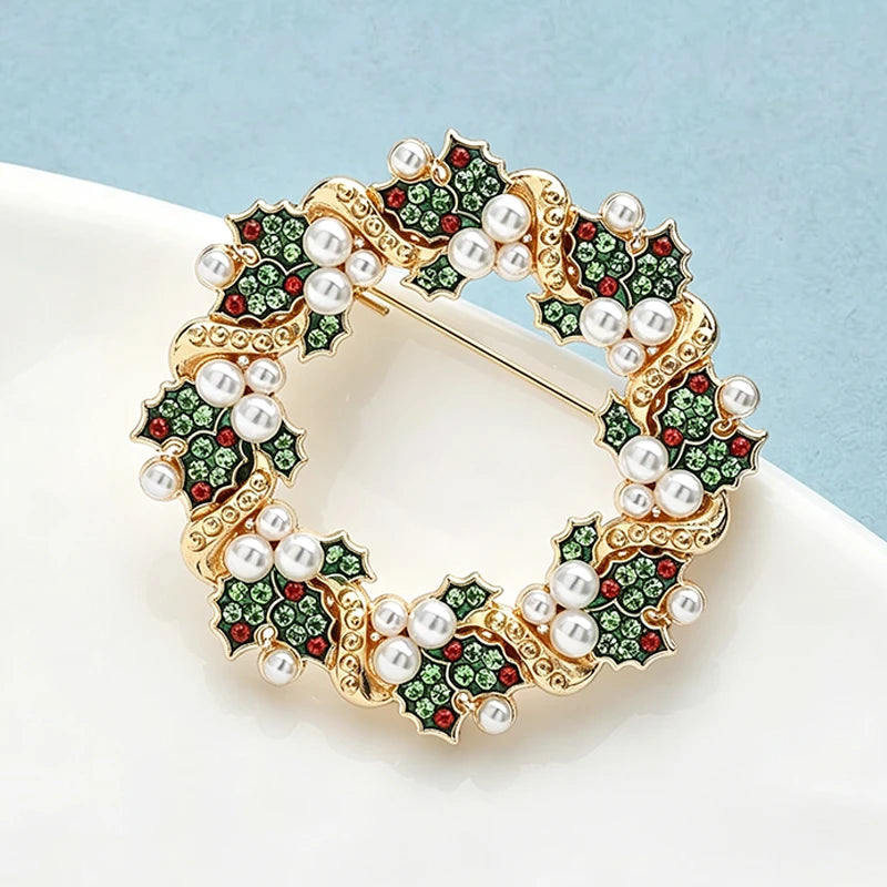PENDRA Evergreen Crystal Garland Rhinestone Pearl Flower Wreath Brooch