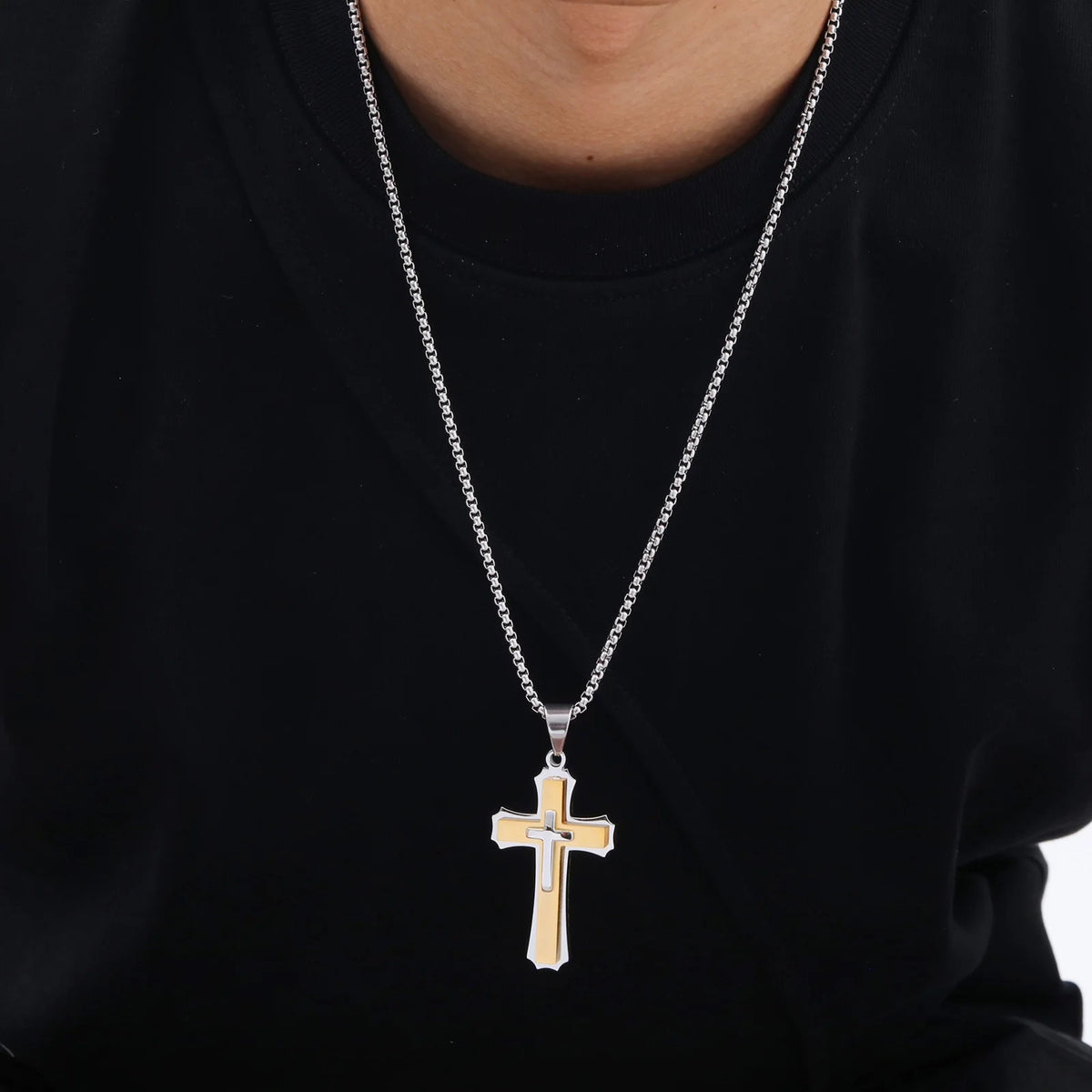 3D Cross Pendant Necklaces for Men Boys,Black Gold Color Stainless Steel Cross Necklace,Hiphop Punk Party Gift