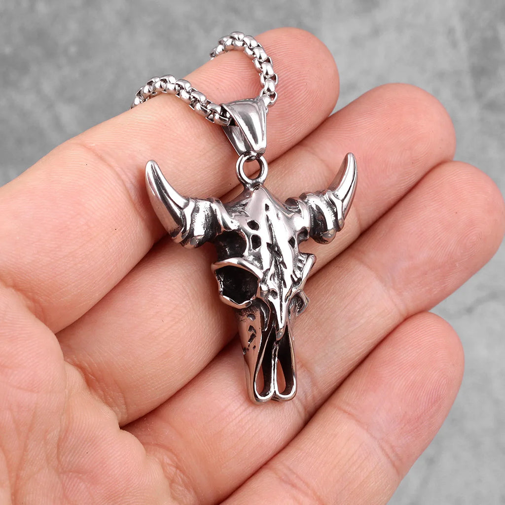 Yak Skull Animal Long Men Necklaces Pendants Chain Punk for Boyfriend Male Stainless Steel Jewelry Creativity Gift Wholesale