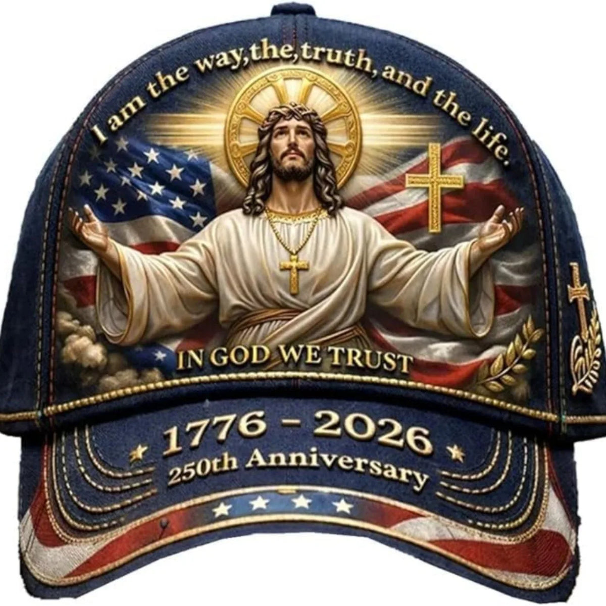 250Th Anniversary Christian Patriot Baseball Cap: A Vintage Adjustable Unisex Hat Featuring Flag And Cross Designs. Suitable for