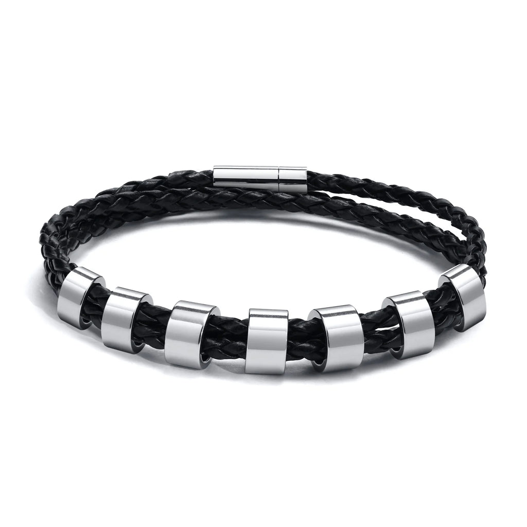 Custom 1-7 Names Multi Layer Leather Bracelet for Men,Stainless Steel Beads Handmade Braided Wristband,Gift for Father Dad