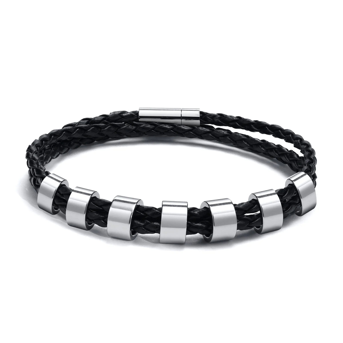 Custom 1-7 Names Multi Layer Leather Bracelet for Men,Stainless Steel Beads Handmade Braided Wristband,Gift for Father Dad