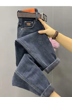 Autumn Winter High Waist Straight Jeans Women Loose Fit Stretch Haren Denim Pants Vintage Ladies Ankle-Length Jeans Pants 5XL