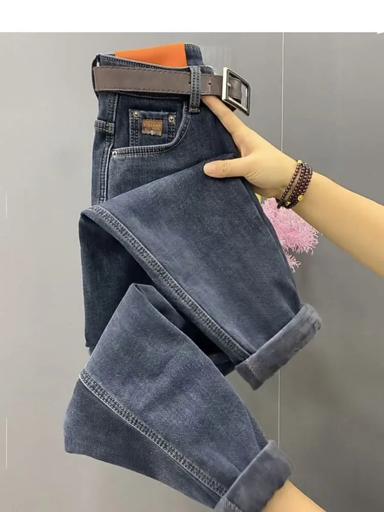 Autumn Winter High Waist Straight Jeans Women Loose Fit Stretch Haren Denim Pants Vintage Ladies Ankle-Length Jeans Pants 5XL
