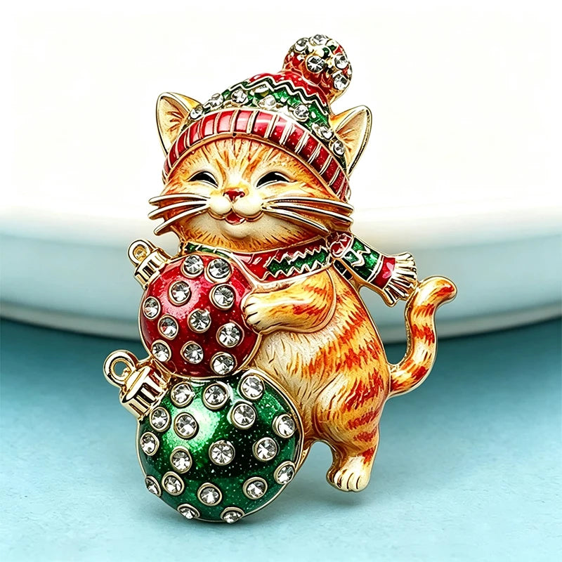 PENDRA Lightspark 2-Color Enamel Christmas Cat Brooch