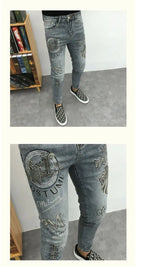 Fashionable Stylish Youth Luxury Work Jeans for Men Slim Fitting with Unique Lion Prints Classic with Rhinestone Denim Trousers