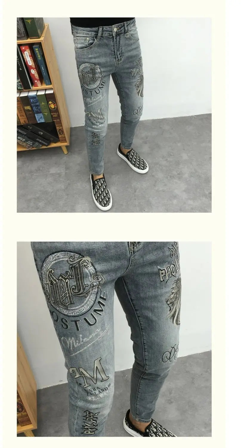Fashionable Stylish Youth Luxury Work Jeans for Men Slim Fitting with Unique Lion Prints Classic with Rhinestone Denim Trousers