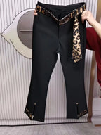 Spring Autumn new color blocking elastic micro bell pants for women high waist slim with leopard print flared cropped pants 2025