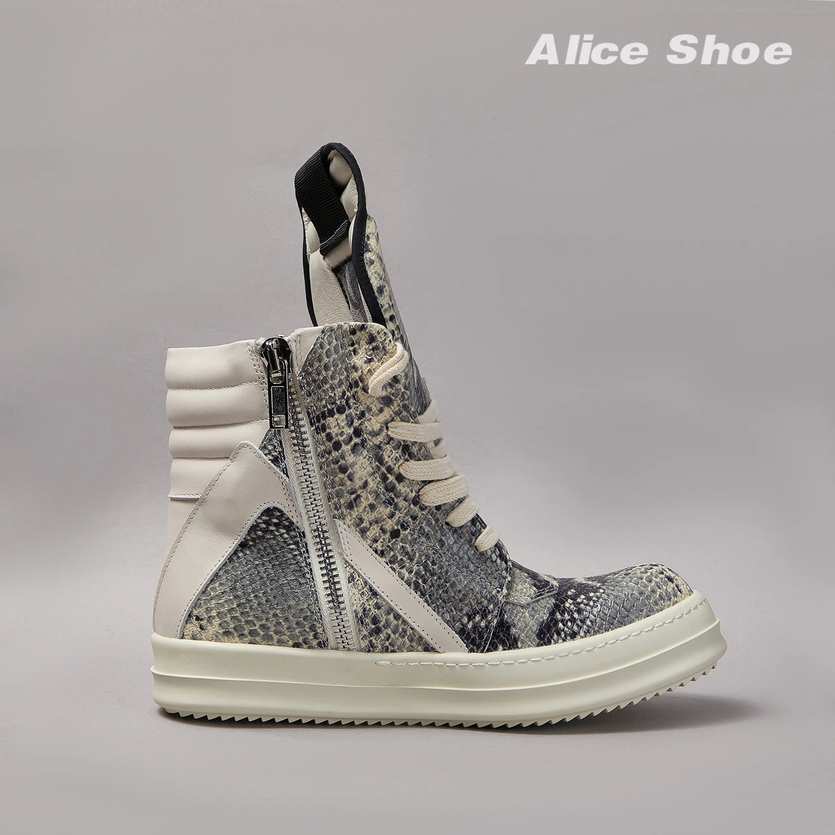 PENDRA Python Ash Grey Python-Embossed Leather High-Top Platform Ankle Boots