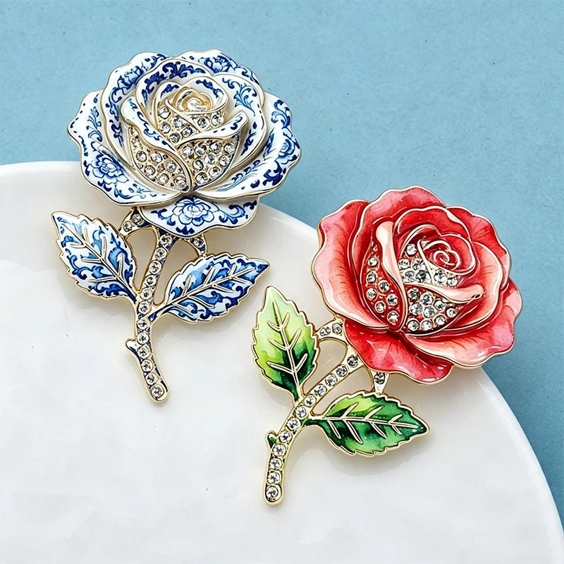 PENDRA Rosette 2-Color Enamel Rhinestone Rose Flower Brooch