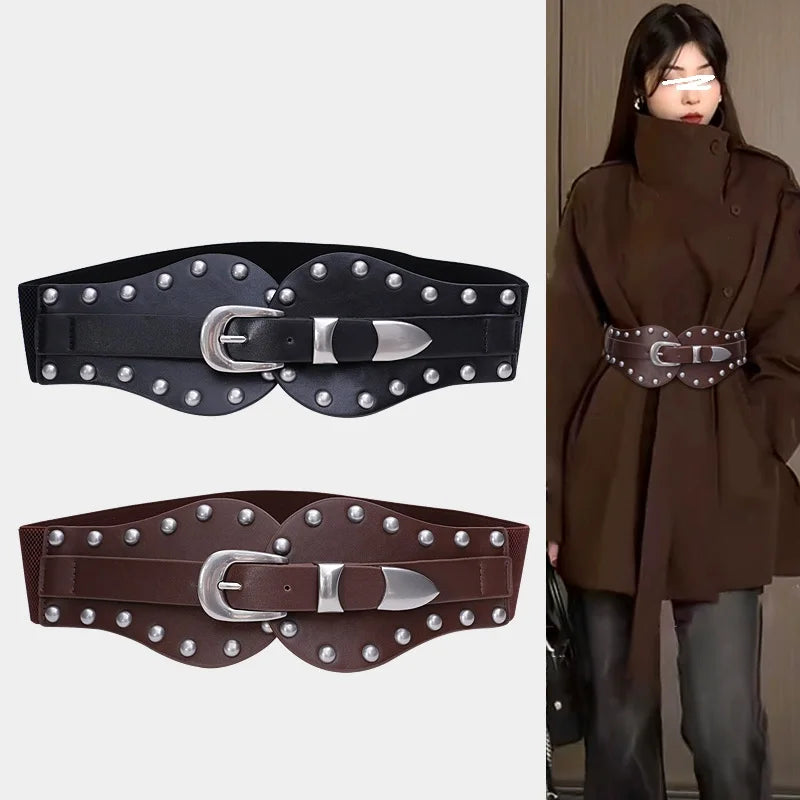 Retro Ladies Pu Leather Corset Belt Gothic Style Elastic Rivet Cummerbund Tie Rope Punk Accessory for Women Shirt Dress Belt