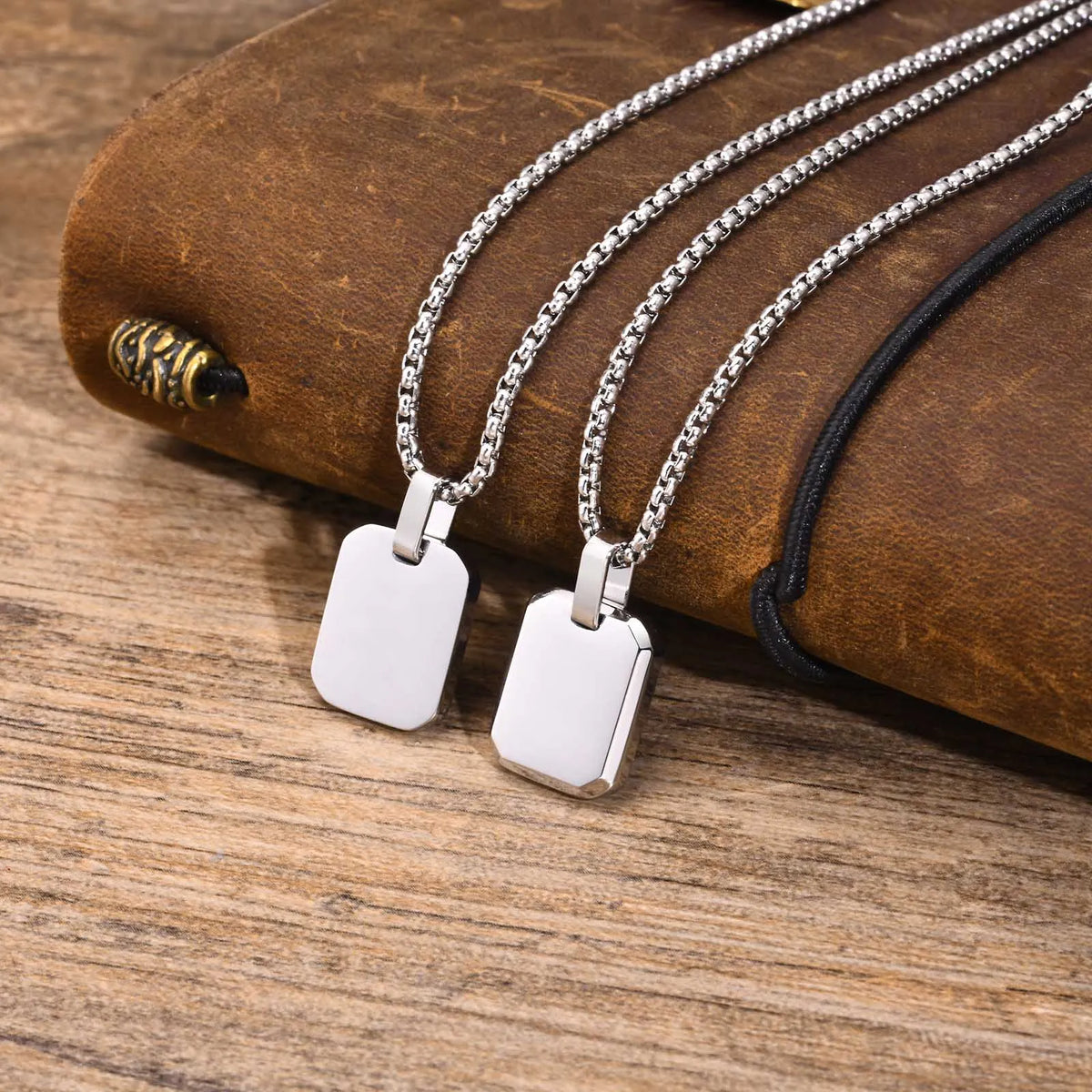 Free Custom Engraving Geometric Necklaces, Men's Waterproof Stainless Steel Square Pendant Collar with Box Chain