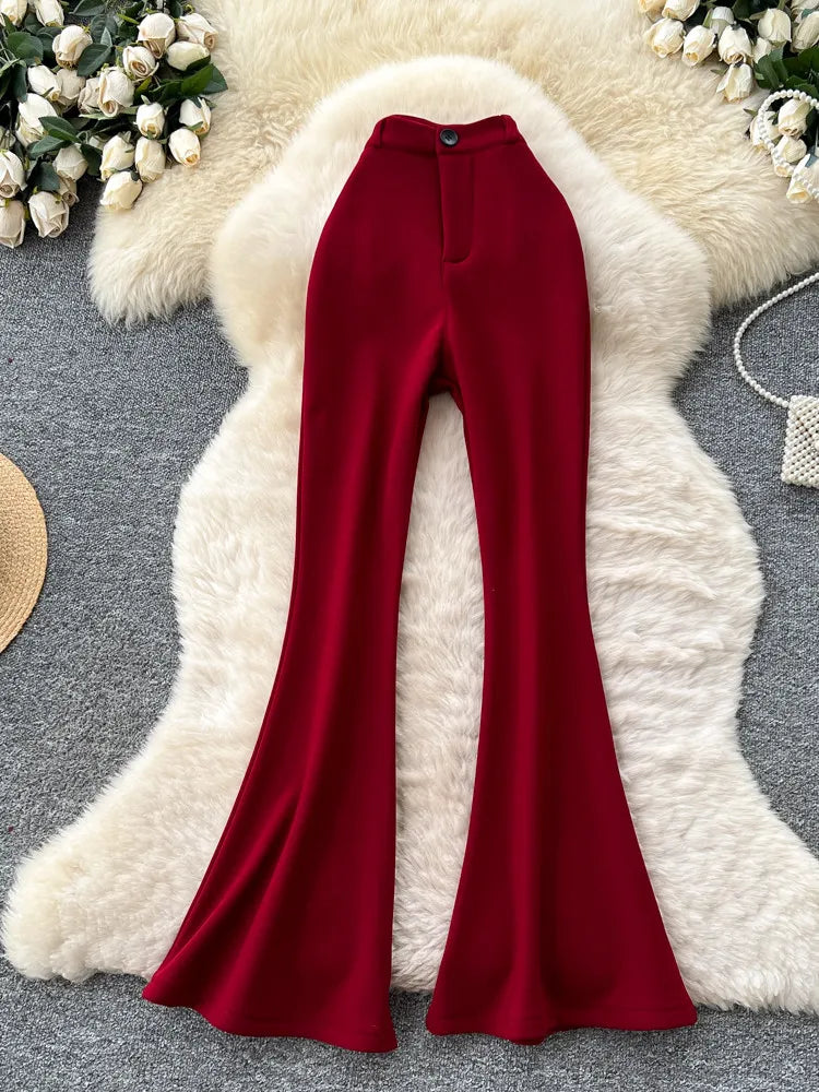 High waisted slim fit micro flared pants women in spring new design sense casual versatile solid color straight leg pants