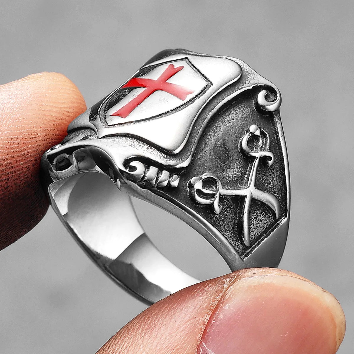 PENDRA Catholic Crusader Cross Steel Ring