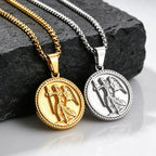 Saint Michael Archangel Pendant Necklace for Men,Stainless Steel Round Medal Neckalce,Religious Amulet Jewelry Gift