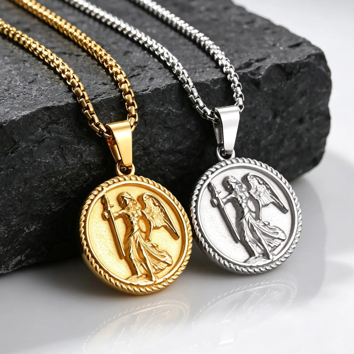 Saint Michael Archangel Pendant Necklace for Men,Stainless Steel Round Medal Neckalce,Religious Amulet Jewelry Gift