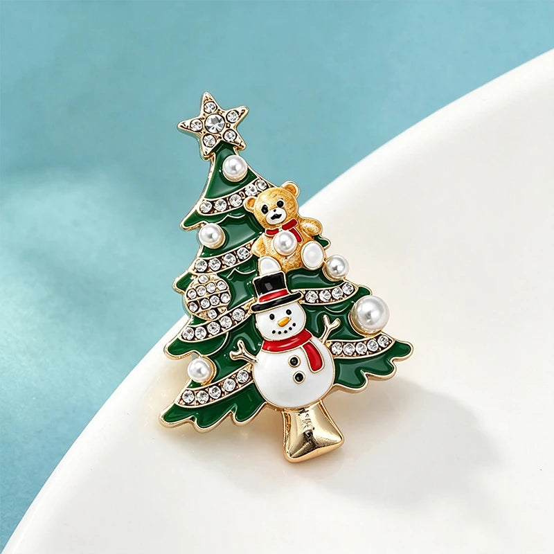 PENDRA Snowman Rhinestone Enamel Christmas Tree Brooch
