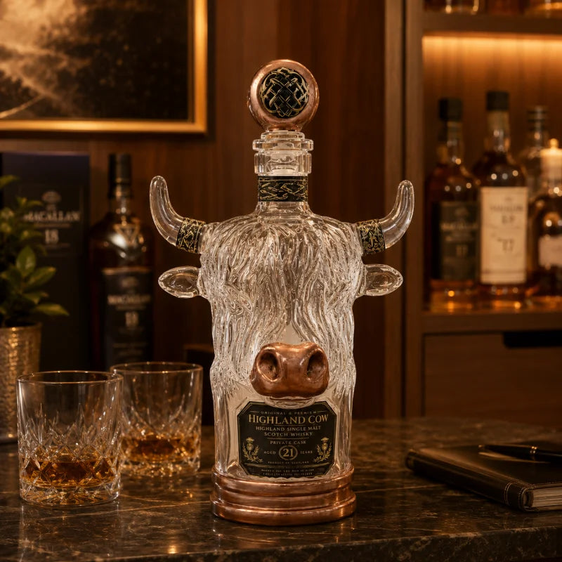 Scottish Highland Cow Glass Whiskey Decanter Vintage Copper Accent Liquor Bottle for Home Bar Display and Men’s Gift
