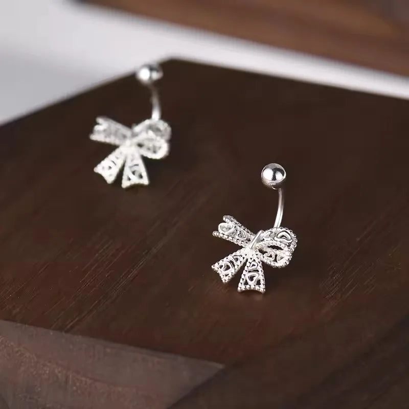 VENTFILLE Real 925 Sterling Silver Lace Heart Hollow Bow Screw Buckle Puncture Stud Earrings for Women Fine Jewelry Accessories