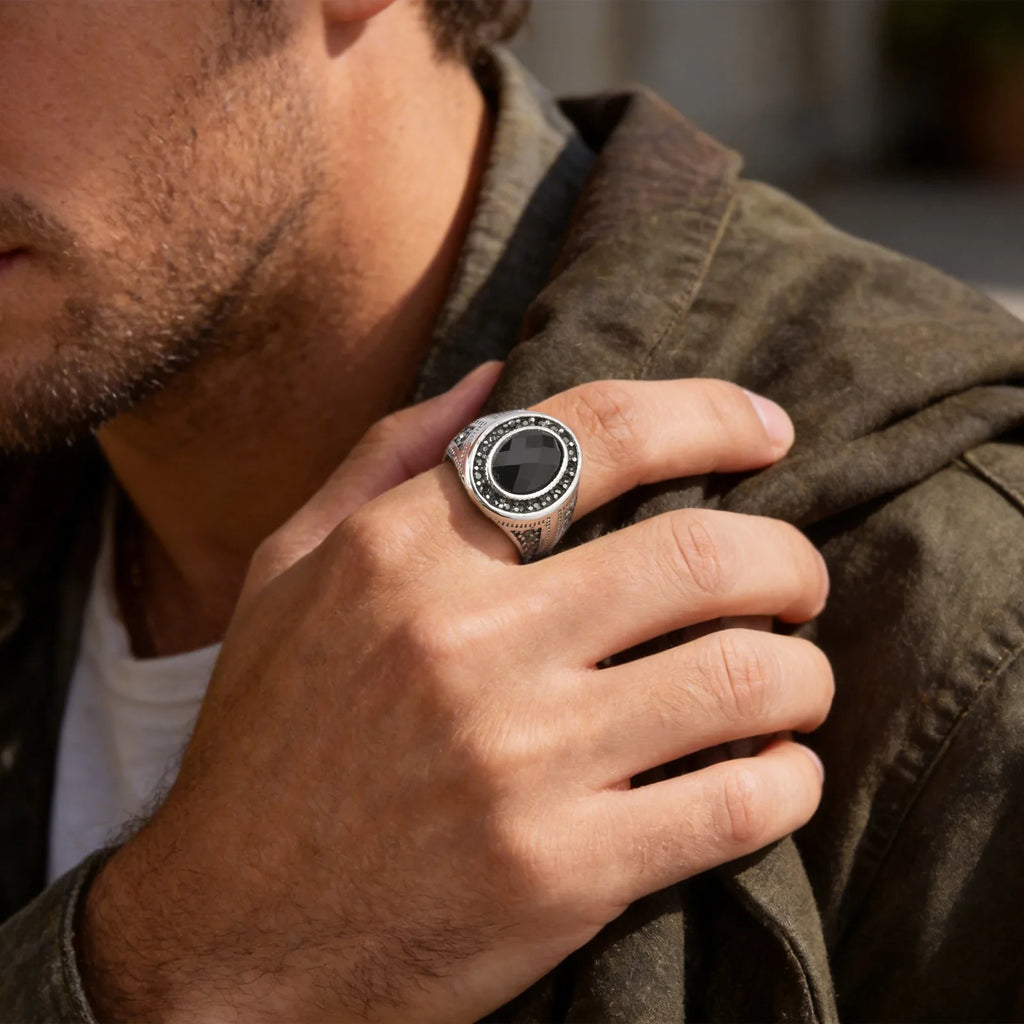 Stylish Faceted Black Stone Ring for Men,Waterproof Stainless Steel Oval Ring,Birthday Party Gift for Him Dad