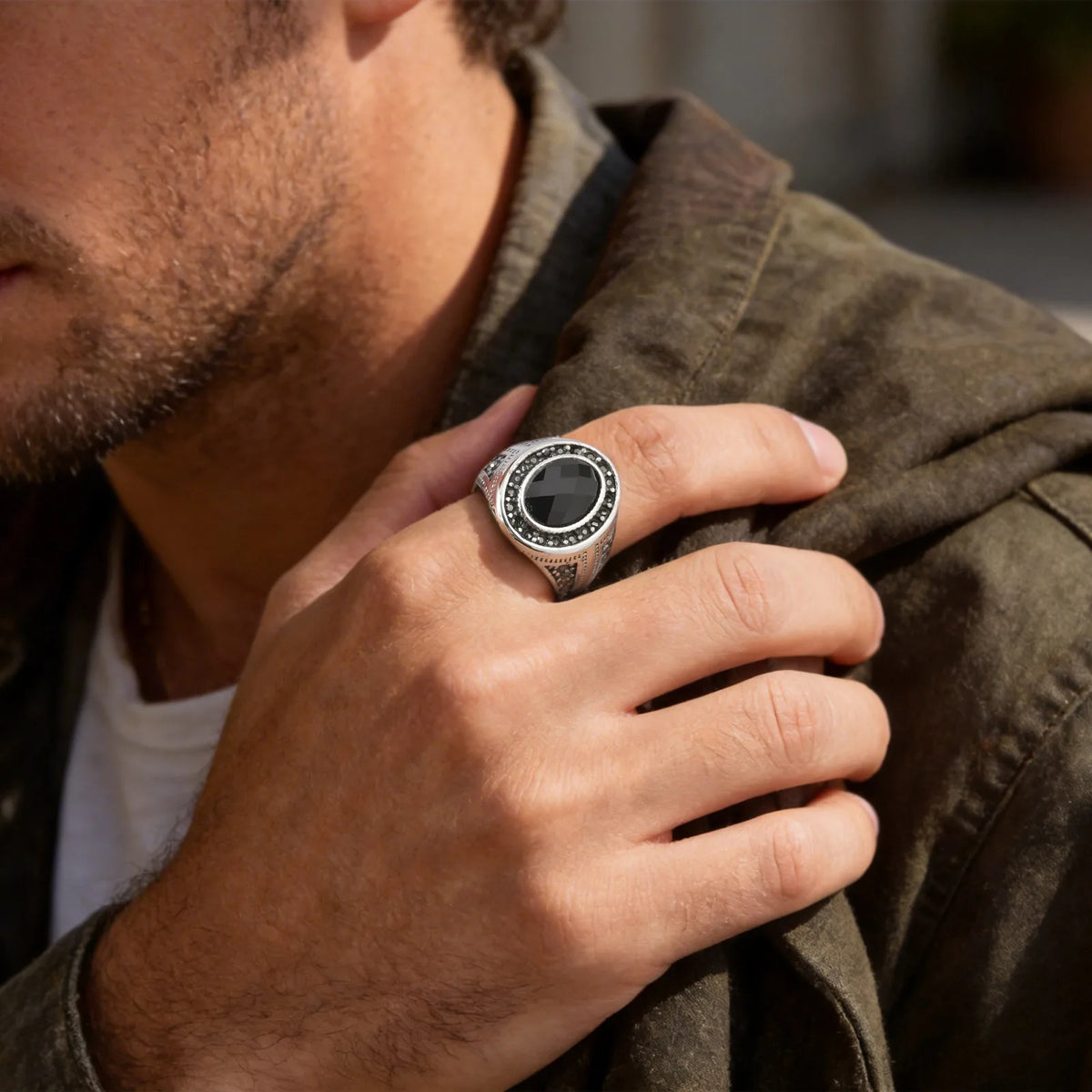 Stylish Faceted Black Stone Ring for Men,Waterproof Stainless Steel Oval Ring,Birthday Party Gift for Him Dad