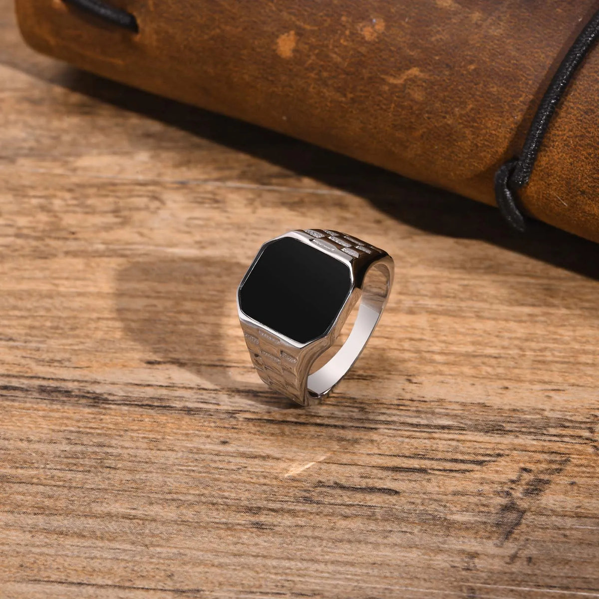 Stylish Watch Band Rings for Men, Stainless Steel Black Square Signet Pinky Thumb Ring for Dad Father Jewelry Gift for Him