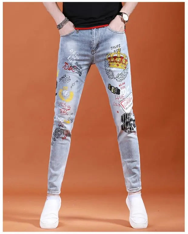 Spring Summer White Hot Drill Ripped Cowboy Korean Style Streetwear Men Washed Luxury Holes Slim Hip-hop Stylish Jeans Trousers