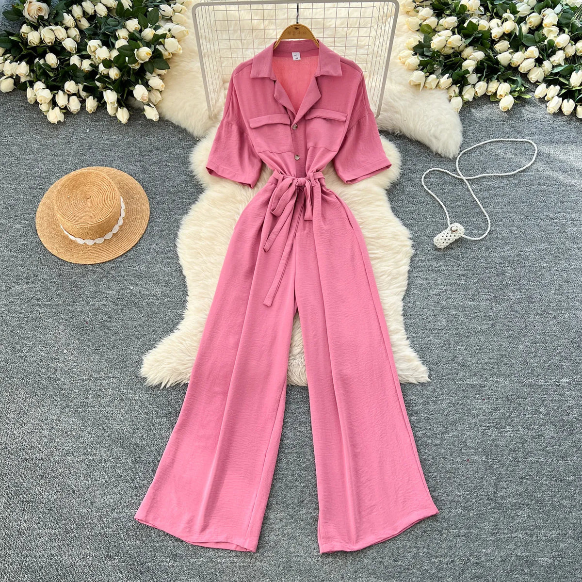 Fashionable casual lapel collar short sleeved cinched waist jumpsuit women's summer new solid color wide leg long pants