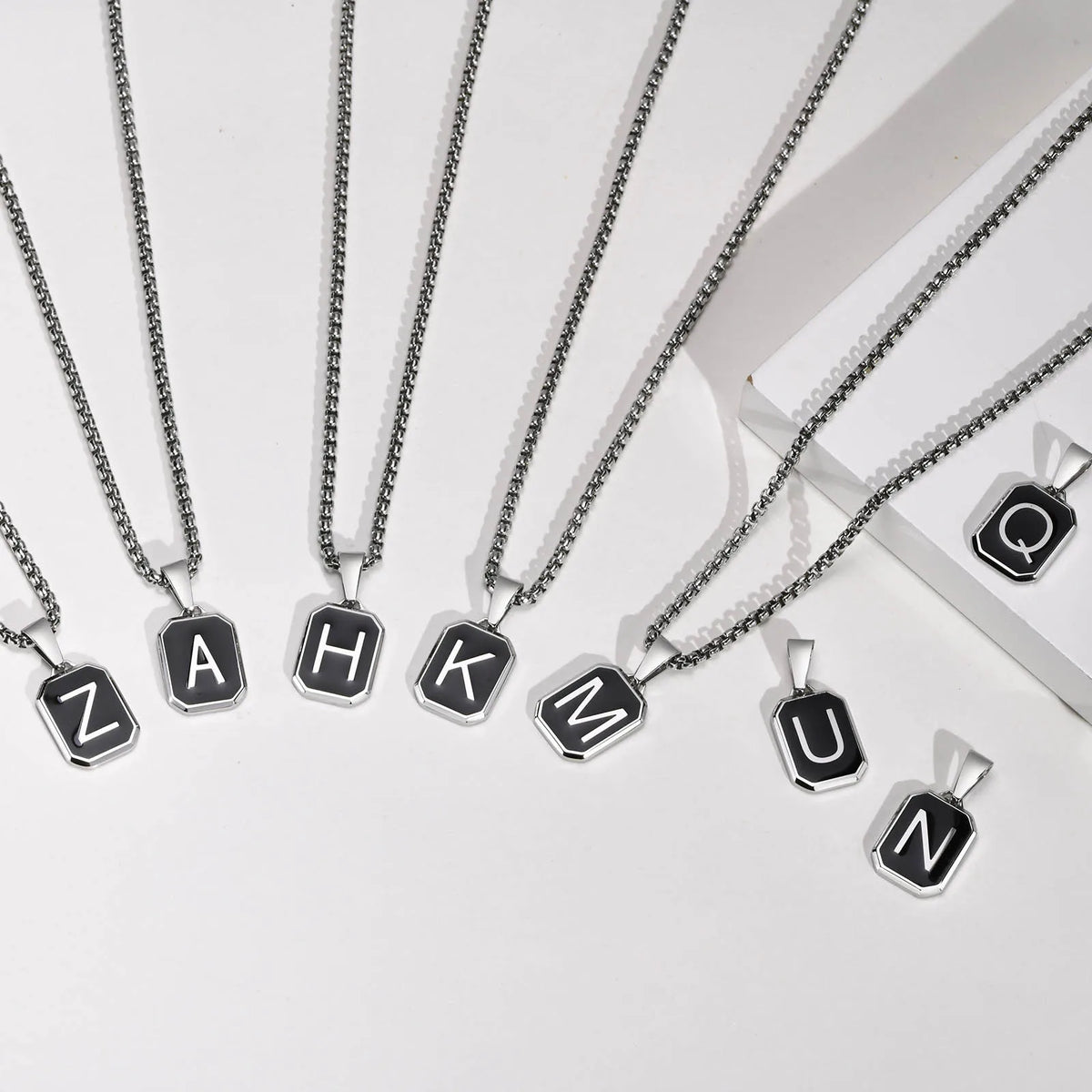 Stylish Initials Square Necklaces for Men Boys,A-Z 26 Letters Stainless Steel Pendant Collar Gifts,50/55/60/70cm