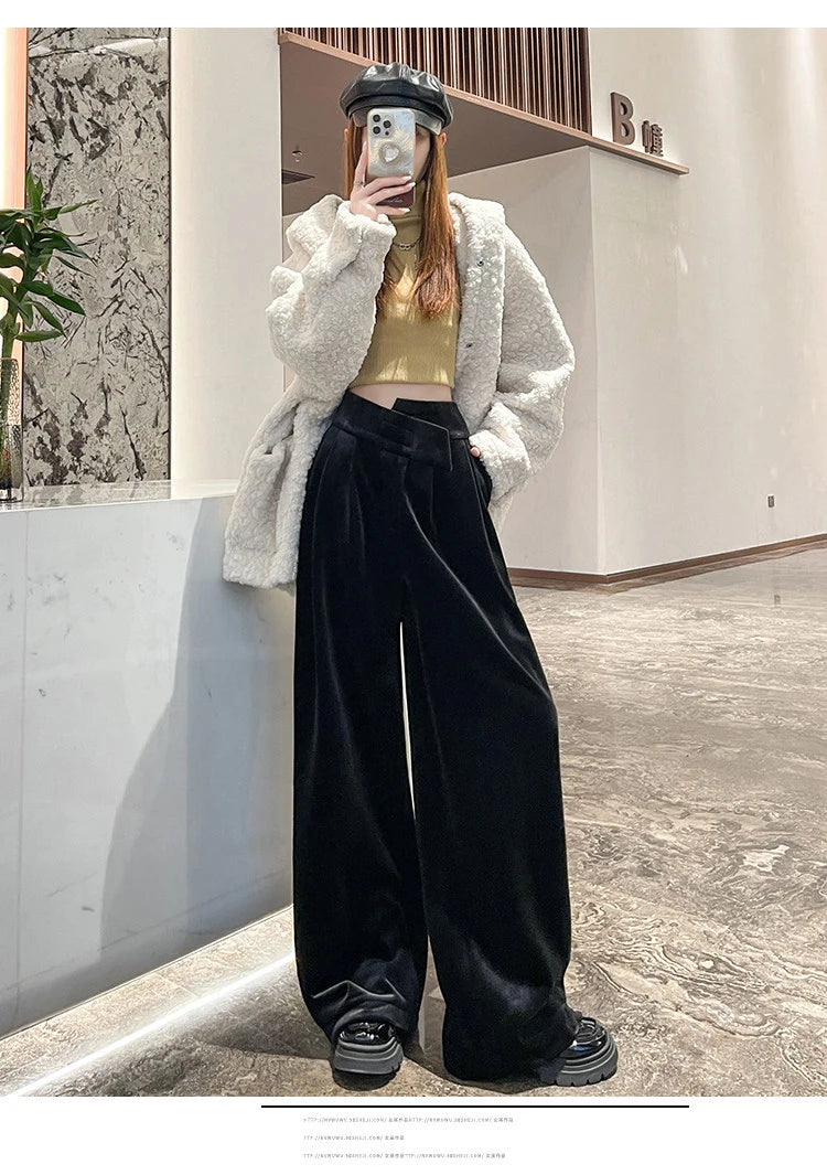 Black Gold Velvet Wide Leg Pants Women Winter Velvet High Waist Drop Feel Straight Tube Versatile Casual Floor Pants