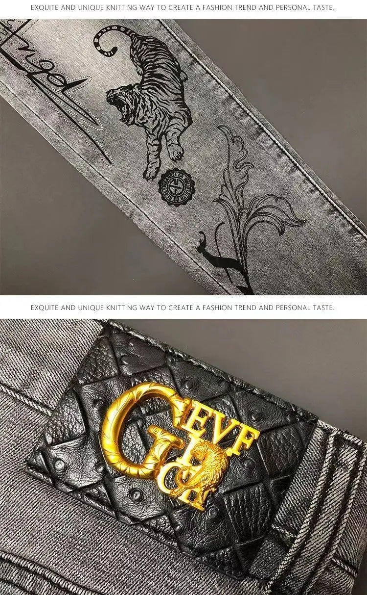 High-end Hot Diamond Jeans Men's Spring and Autumn Tide Brand Slim-fitting Small Feet Tiger Print Gray Casual Men Trousers Man