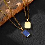 Casual Stainless Steel Men's Rectangular Necklace,Blue Natuarl Stone Lapis Lazuli Pendant,Birthday Father Anniversary Gift