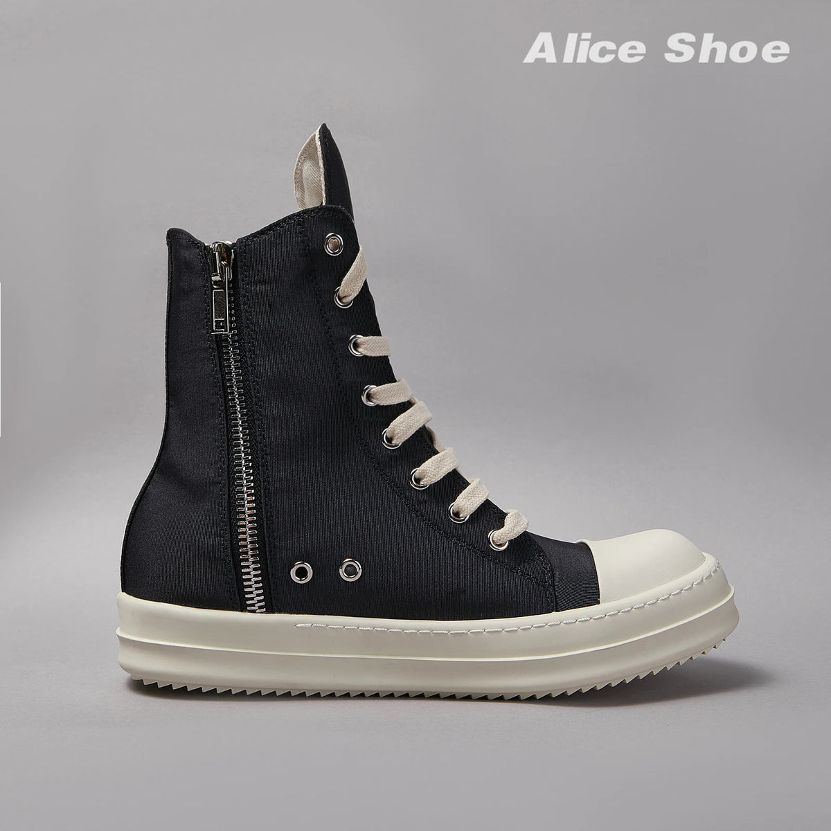 PENDRA Canvas Noir Black Canvas High-Top Zip Lace-Up Flat Ankle Boots