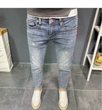 Summer light color jeans men's retro fashion brand embroidery slim fit small feet Korean fashion casual thin nine point pants