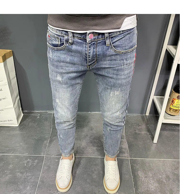 Summer light color jeans men's retro fashion brand embroidery slim fit small feet Korean fashion casual thin nine point pants