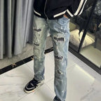 Ripped Patch Jeans Men's Brand High Street American Trend Slim Fit Straight Small Feet Pants Menswear Clothing Luxury Jeans Men
