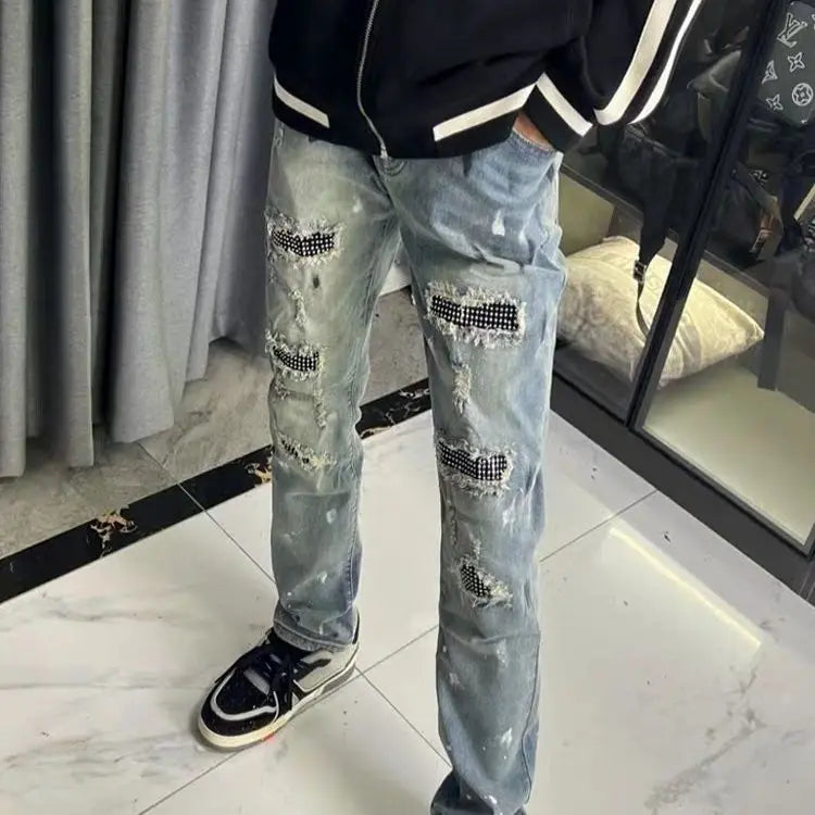 Ripped Patch Jeans Men's Brand High Street American Trend Slim Fit Straight Small Feet Pants Menswear Clothing Luxury Jeans Men