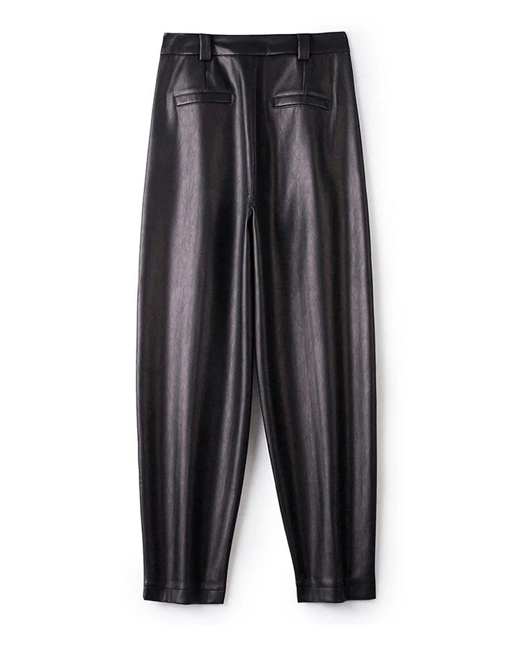 Casual leather pants women in autumn new high waisted loose fitting solid color wide leg nine inch Haren balloon pants