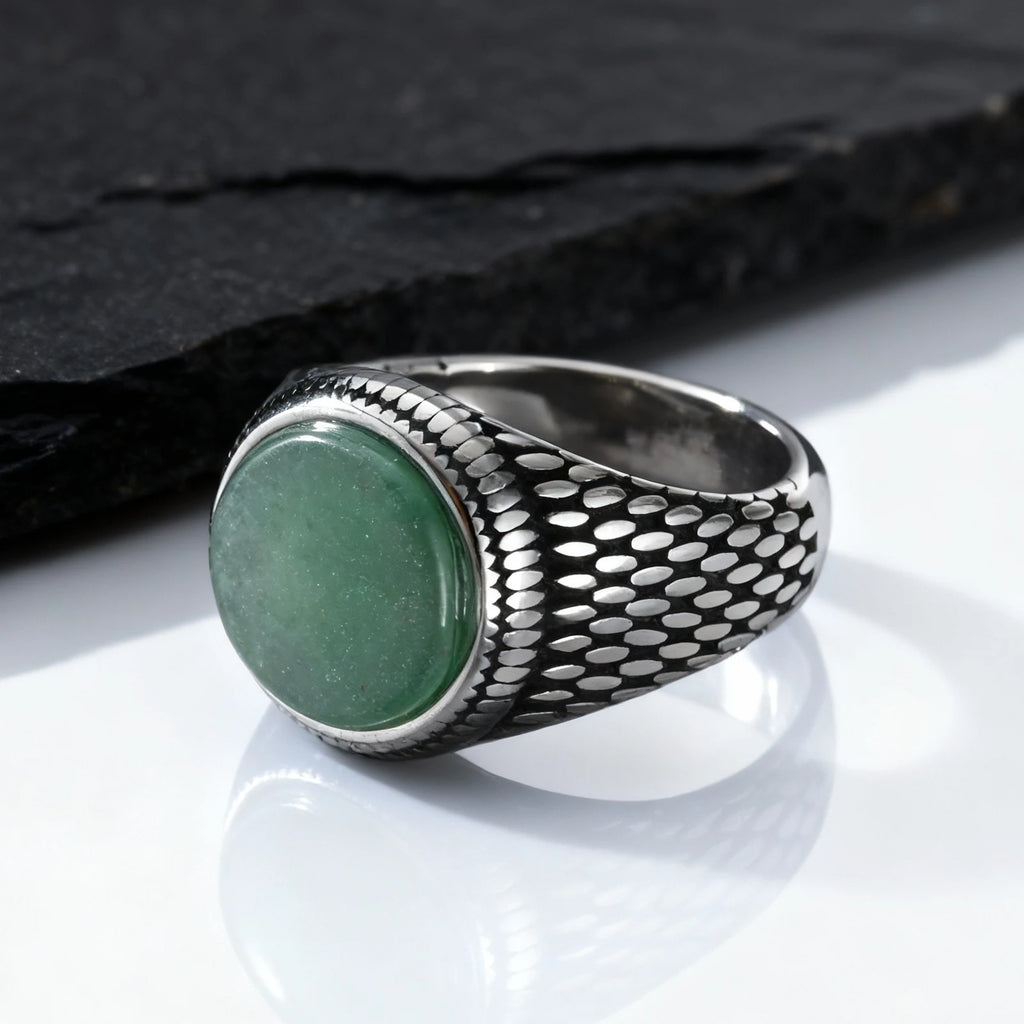 Green Dongling Stone Ring for Men,Vintage Stainless Steel Natural Stone Signet Ring,Punk Round Ring Gift