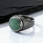 Green Dongling Stone Ring for Men,Vintage Stainless Steel Natural Stone Signet Ring,Punk Round Ring Gift