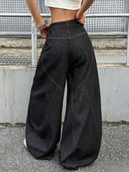 American Retro Buttoned Splicing Design Black Women's Loose Cocoon Jeans Y2K Trendy Street Fashion Versatile Wide-Leg Pants