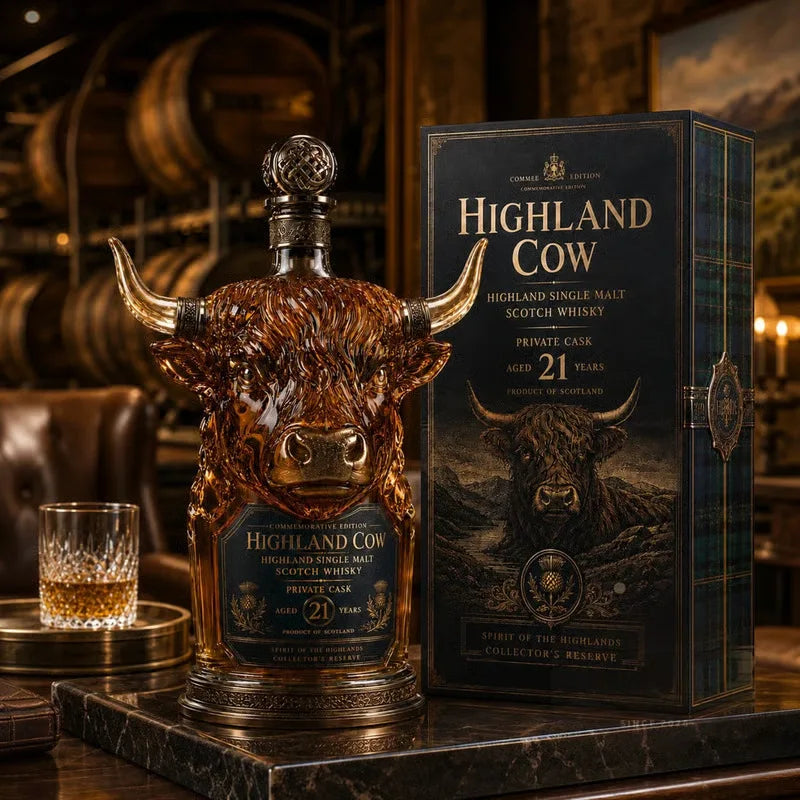 Scottish Highland Cow Glass Whiskey Decanter Vintage Copper Accent Liquor Bottle for Home Bar Display and Men’s Gift