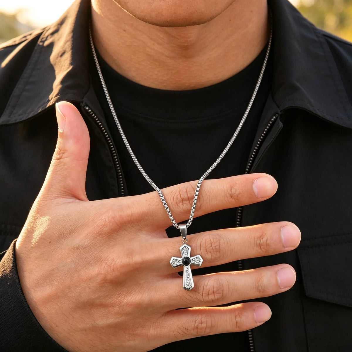 Stylish Black Natural Stone Cross Pendant Neckalce for Men,Stainless Steel Gothic Black Onyx Cross Charm Necklace Jewelry Gift