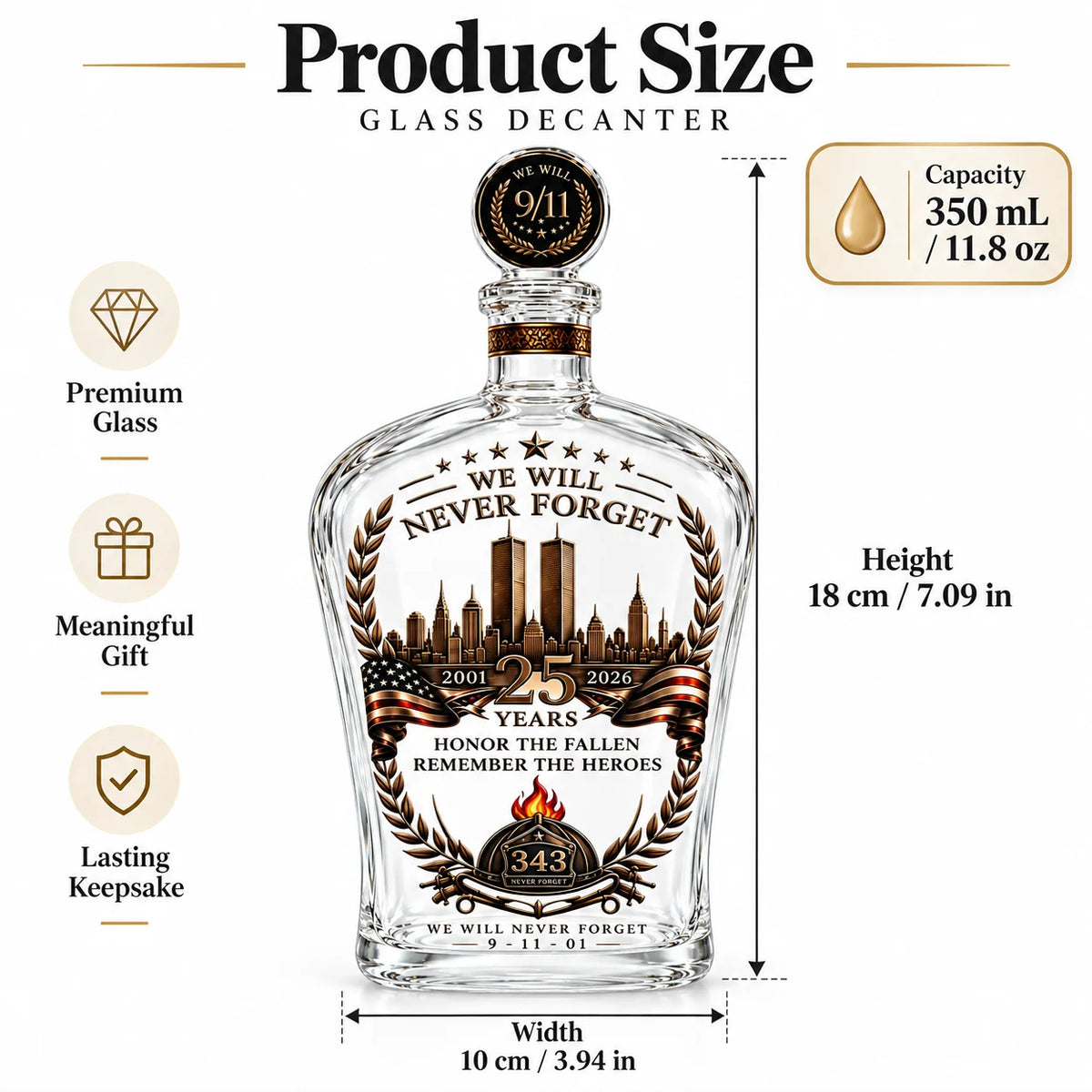 Patriotic 9/11 Memorial Glass Decanter 350mL 25th Anniversary Tribute Liquor Bottle Decorative Collectible Keepsake Gift