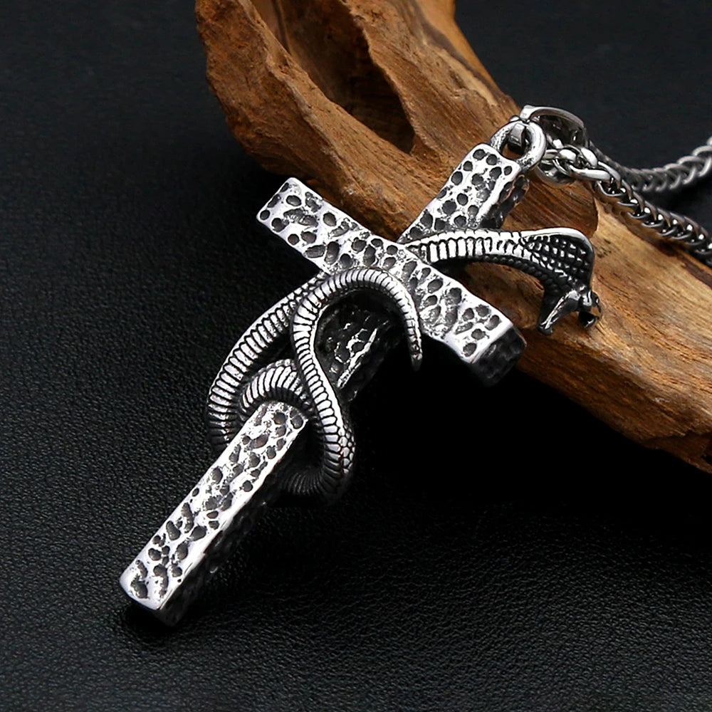 PENDRA Serpentcross Stainless Steel Snake Cross Pendant